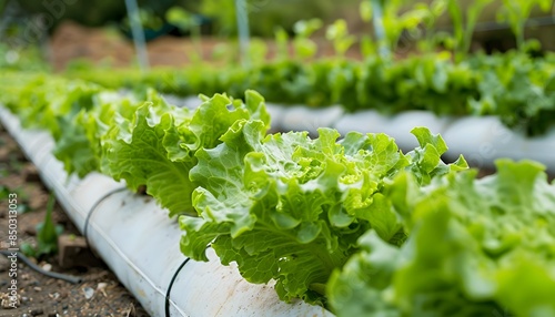 close up of white pipes used in aquaculture with lettuce growing on them