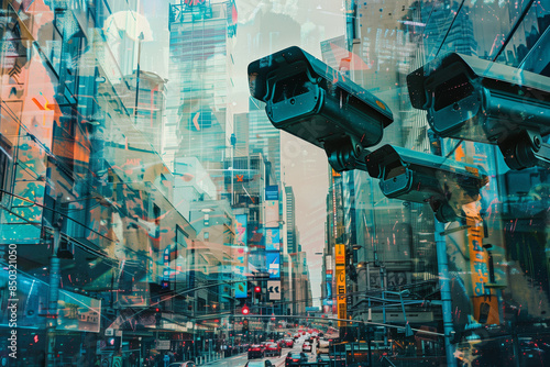 The artistry of double exposure allows for the merging of surveillance street cameras with bustling city streets, creating a tapestry of imagery rich with icons that speak to the o