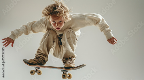 A boy teenager, 14-Year-Old Skateboarder Performing Ollie Trick