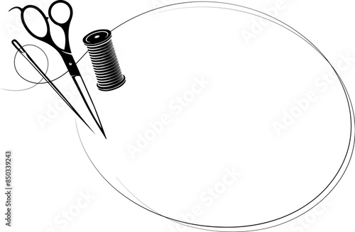 Sign frame with needle and thread, scissors and spool