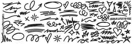 Hand drawn doodle elements, dynamic, organic strokes and creative doodles. Original vector illustrations, strikethrough and squiggles lines asset