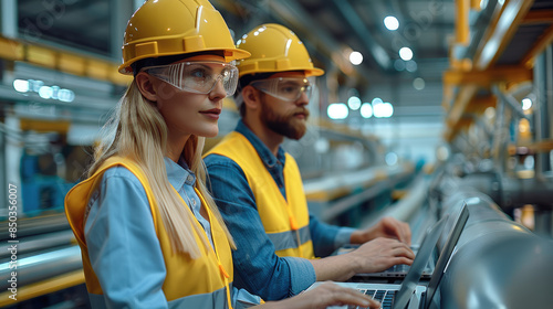 A male and female engineer in yellow safety vests wearing hard hats used laptop computers while standing near the production line at a factory, industrial workwear concept. Generative AI.