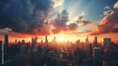 bustling city skyline, with towering skyscrapers piercing the clouds and a vibrant sunset illuminating the urban landscape.