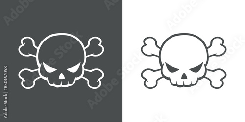 Símbolo pirata. Logo de calavera humana con expresión enojada y huesos cruzados para invitaciones y tarjetas de Halloween