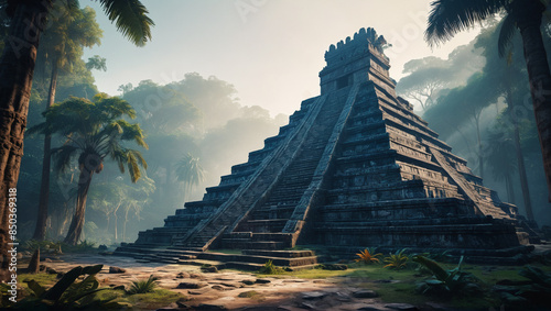 Evocative artwork of forgotten Aztec temples in the deep Mexican jungle, resonating with tales of conquest and myth, Generative AI