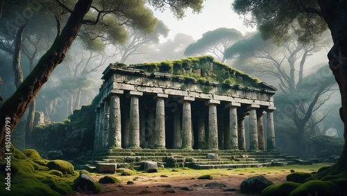 Serene portrayal of moss-covered Greek ruins hidden within verdant Mediterranean forests, capturing classical echoes of antiquity, Generative AI