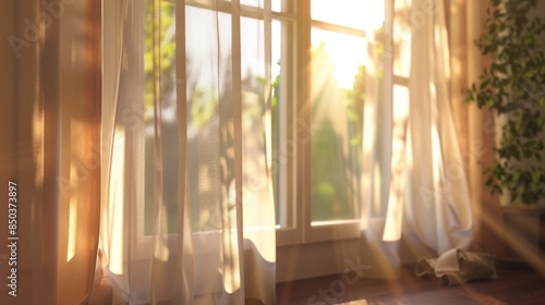 A close-up of a modern window frame with sunlight streaming through sheer curtains, creating a soft glow