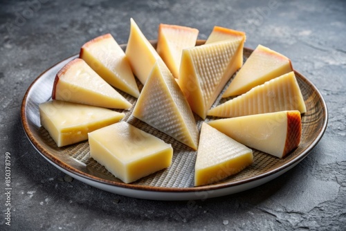  Trozos de queso de oveja curado. Queso manchego sobre un plato y fondo gris.