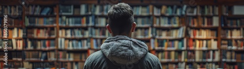 Focused young man reading in a library, with shelves of books and a tranquil atmosphere, representing dedication and learning