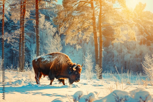 Snow bison, european buffalo winter nature. Wood animal yellowstone prairie. USA forest national park. Wild landscape with white trees. Large animal, natural background with mammal. Poland, Belarus