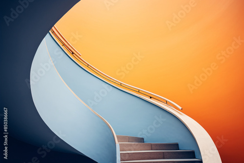 a staircase with a yellow and orange sky