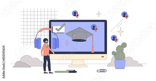 Virtual classrooms with online technology tiny person neubrutalism concept, transparent background. Academic knowledge e-learning system with distant and remote platforms.