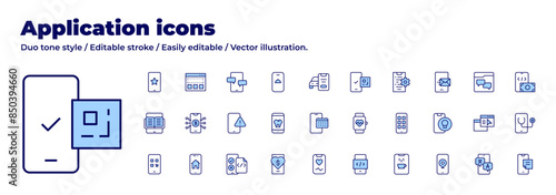 Application icons collection. Duo tone style. Editable stroke, application, bitcoin, ebook, medical app, mobile app, payable dating app, phone, smartphone.
