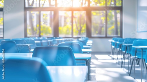 A bright, sunlit empty classroom with blue chairs and desks arranged neatly, creating an inviting learning environment.