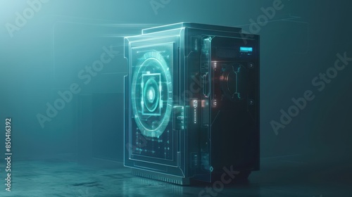 A conceptual image of a digital cryptocurrency safe with a holographic interface, against a minimalist backdrop. 