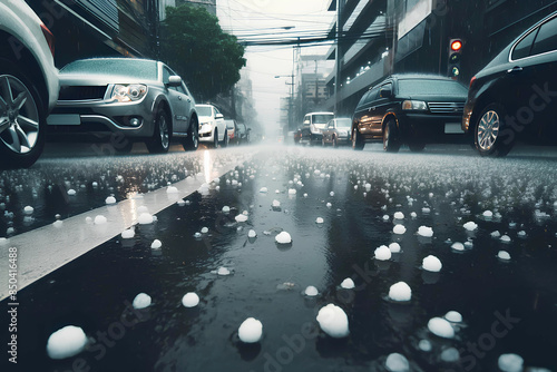 large hail on the asphalt surface of a city street