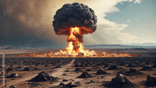 Nuclear detonation obliterating the planet's surface, leaving behind a wasteland of devastation and despair, Generative AI