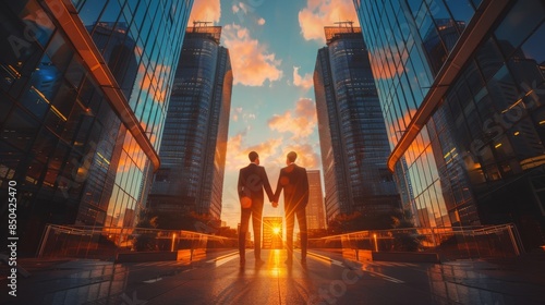 Business executives in power suits joining forces, clasping hands in unity exposure with the sightly skyscraper, sunset colors 