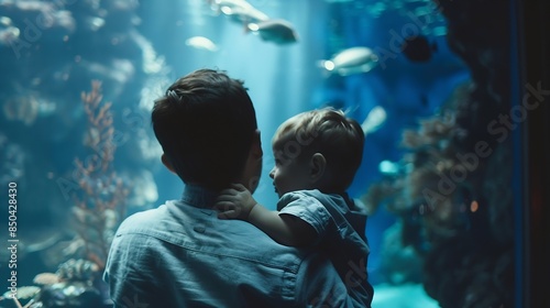 Dad and son spend time together in the Aquarium Son sits on dads back and explores the underwater world : Generative AI