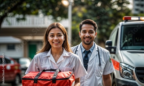 doctor and nurse carrying an organ donation by ambulance for urgent transplantation