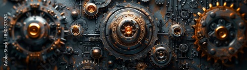 Steampunk gear with metallic textures, intricate design, dark tones, industrial style