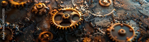 Steampunk gear with metallic textures, intricate design, dark tones, industrial style