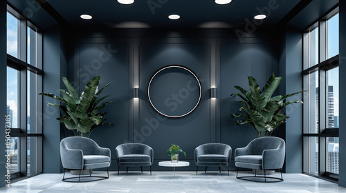 Interior modern waiting room with black walls, tiled floor, round mirror and armchairs. New, comfortable, fashionable office lobby. Empty space, neat and simplicity. Luxury furniture, leather armchair