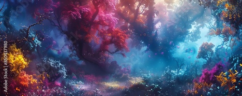 Surreal forest with fantastical elements, vibrant colors, dreamlike, fantasy art