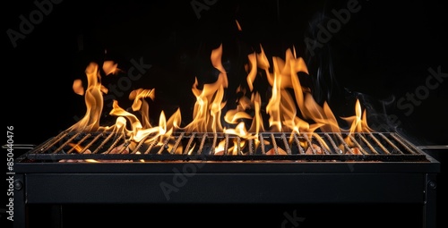 Grill With Fire Flames - Black Background with Empty Grid For Fire