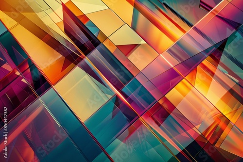 Vibrant digital artwork featuring a captivating interplay of geometric shapes and gradients in a striking color palette