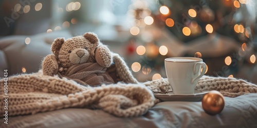  Cozy Teddy Bear Wrapped in a Blanket with a Cup of Coffee, Celebrating Christmas and the Holiday Season.for creating a sense of warmth, comfort, and joy, making it perfect for holiday cards, social m
