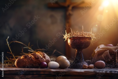 An image of the Last Supper of Jesus with the Passion Objects: Communion and Calvary, the Holy Grail and Bread with the Crown of Thorns