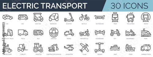 Set of 30 outline icons related to electric transport. Linear icon collection. Editable stroke. Vector illustration