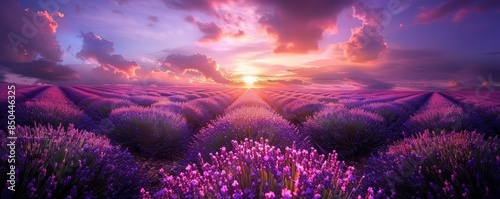 Sunset over fields, lavender in bloom, purple and gold sky, high resolution, serene and aromatic, soft light, idyllic scene, panoramic view