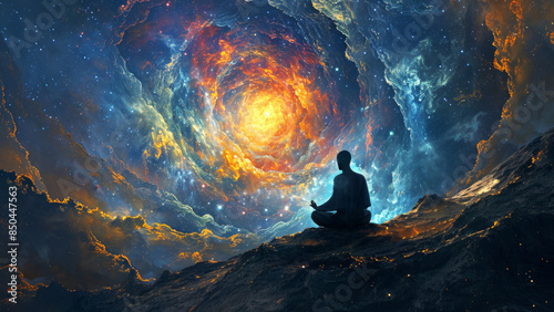 A meditating person silhouetted sitting on a spectacular cosmic vortex of fiery colors and swirling stars background. Relax relax harmony self balance concept