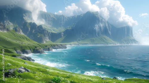 A picturesque coastal landscape featuring lush green hills, dramatic cliffs, and a serene blue ocean under a partly cloudy sky.