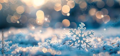 Real Snowdrift With Acrylic Crystals, Snowflakes On Snow With Bokeh Of Christmas Lights - This Image Contains Real Snowdrift And 3D Renderings