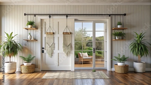 Modern farmhouse entrance with sliding glass barn door and hanging macram? planters , farmhouse, entrance, modern