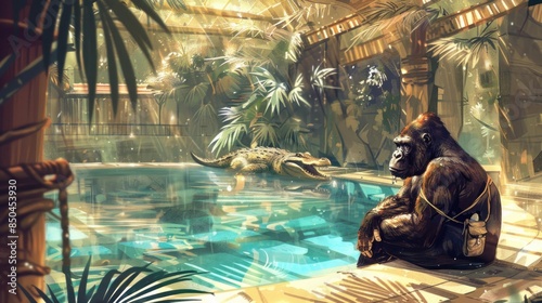 Gorilla Contemplates by the Pool