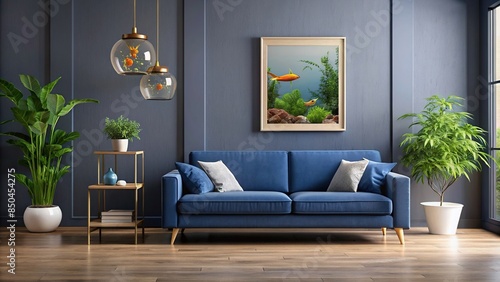 Cozy Scandinavian living room with stylish blue sofa, tropical aquarium fish