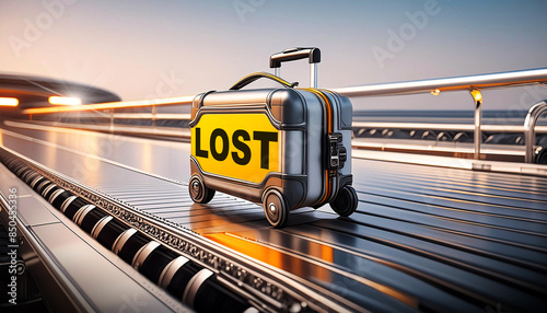 Closeup of a suitcase with a yellow sticker with text lost on an airport baggage conveyor or baggage claim transporter. Concept of lost luggage at the airport. Generative Ai.