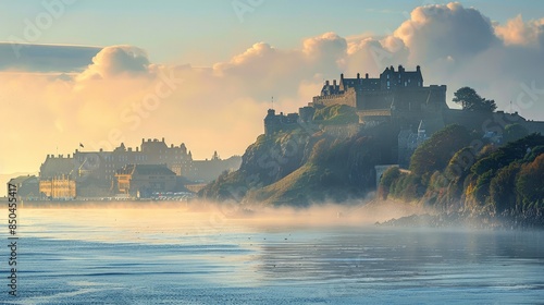 The majestic coastal skyline of Edinburgh with Edinburgh Castle and the Firth of Forth