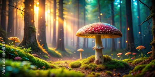 of magical mushrooms in a mystical forest setting, fantasy, glowing, vibrant, enchanting, whimsical, nature, foliage