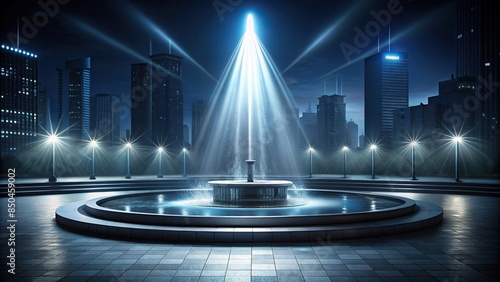 Abstract rendering of a dark empty stage with a spotlight on a fountain in a night city , rendering, abstract, dark