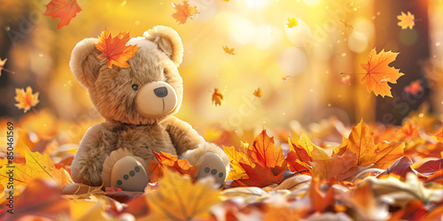 Teddy bear on a beautiful nature with a wreath autumn forest an antique A teddy bear sitting alone colorful leaves in yellow blurred 