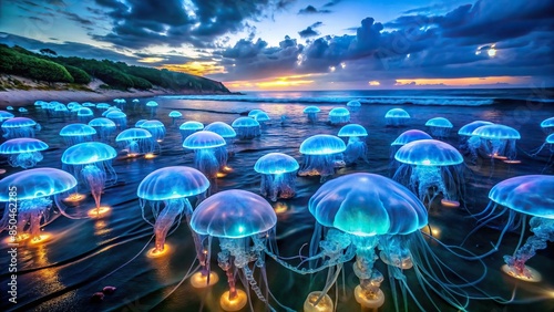 Bioluminescent jellyfish lighting up the night ocean , Bioluminescent, jellyfish, light, night, ocean, sea life
