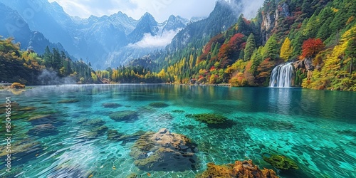 The surreal Jiuzhaigou Valley in China, known for its colorful lakes, waterfalls, and snow-capped peaks