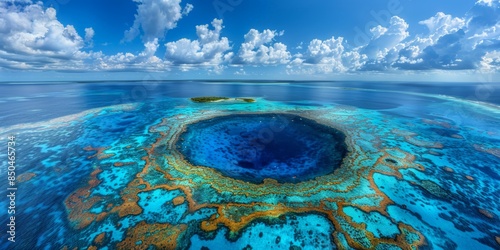 The surreal Great Blue Hole in Belize, a giant marine sinkhole surrounded by coral reefs and clear blue waters