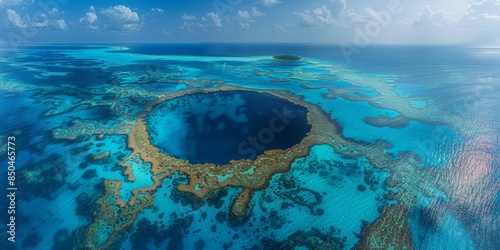The surreal Great Blue Hole in Belize, a giant marine sinkhole surrounded by coral reefs and clear blue waters