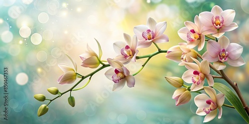 Frame with cymbidium orchid and copy space on soft gradient background with spring branch and flowers
